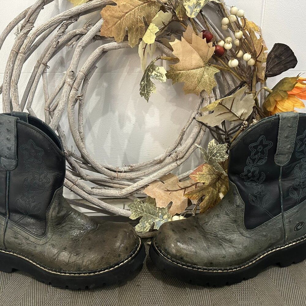 WOMENS ROPER DARK GREEN & BLACK OSTRICH LEATHER FLORAL WESTERN COWBOY BOOTS